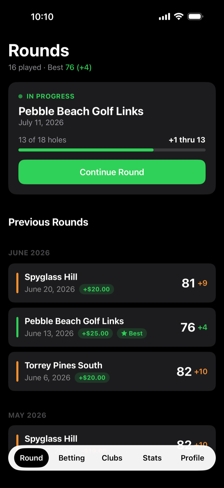 Fore Rounds tab with a round in progress