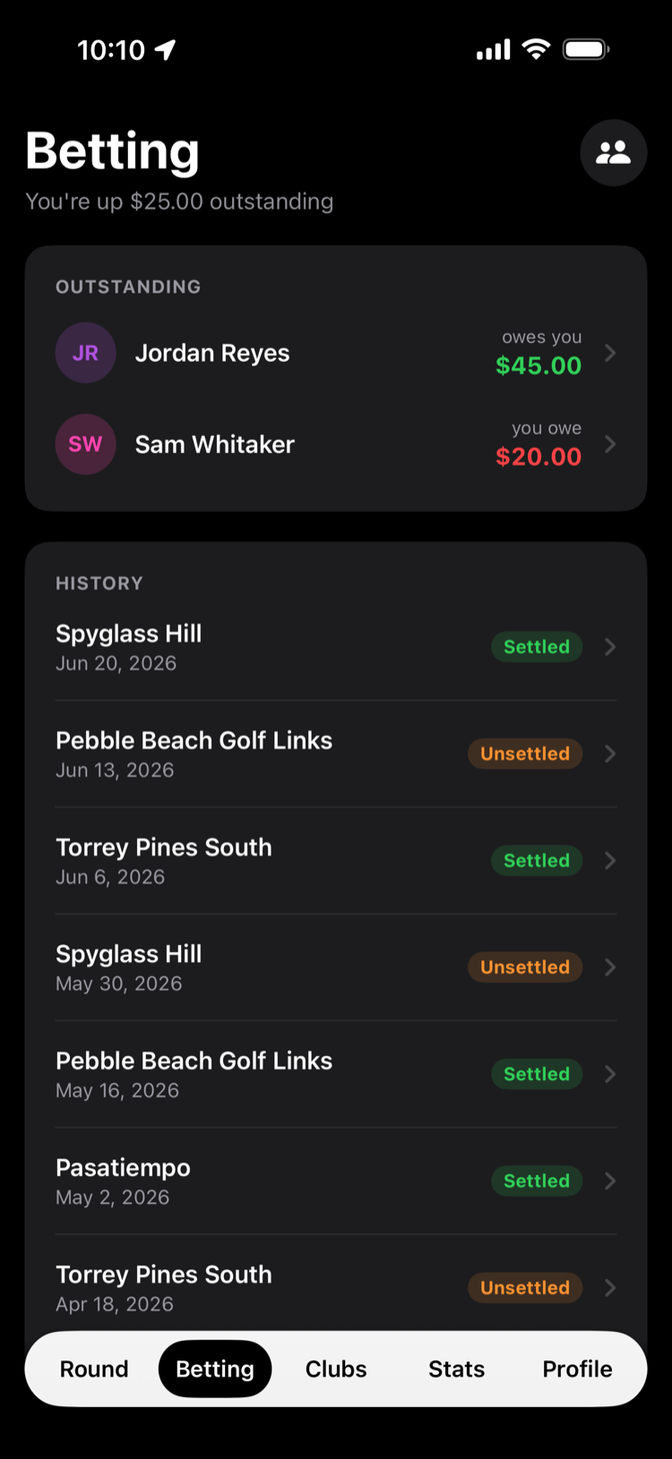 Fore betting tab - outstanding balances and settled rounds